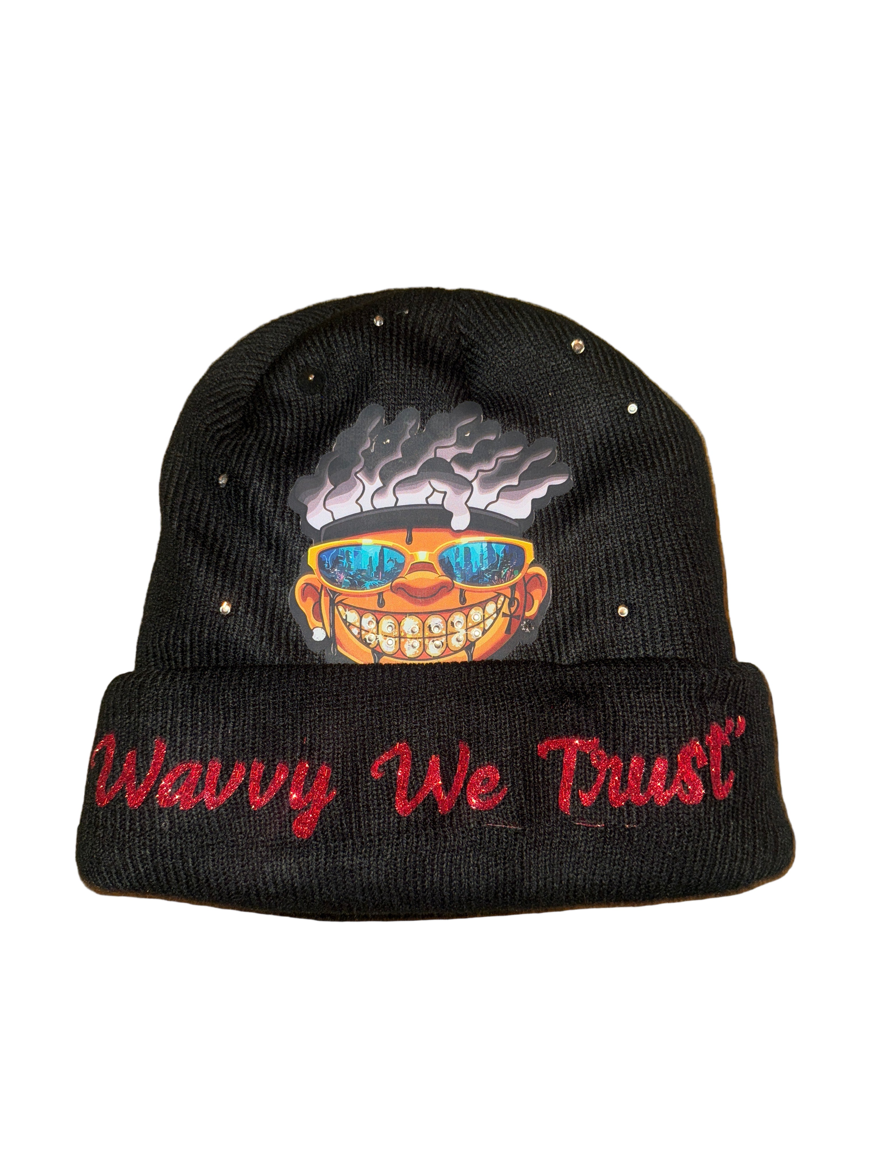 Kreme "Otto"  Thick Rhinestone Beanie with Wavy We Trust Statement
