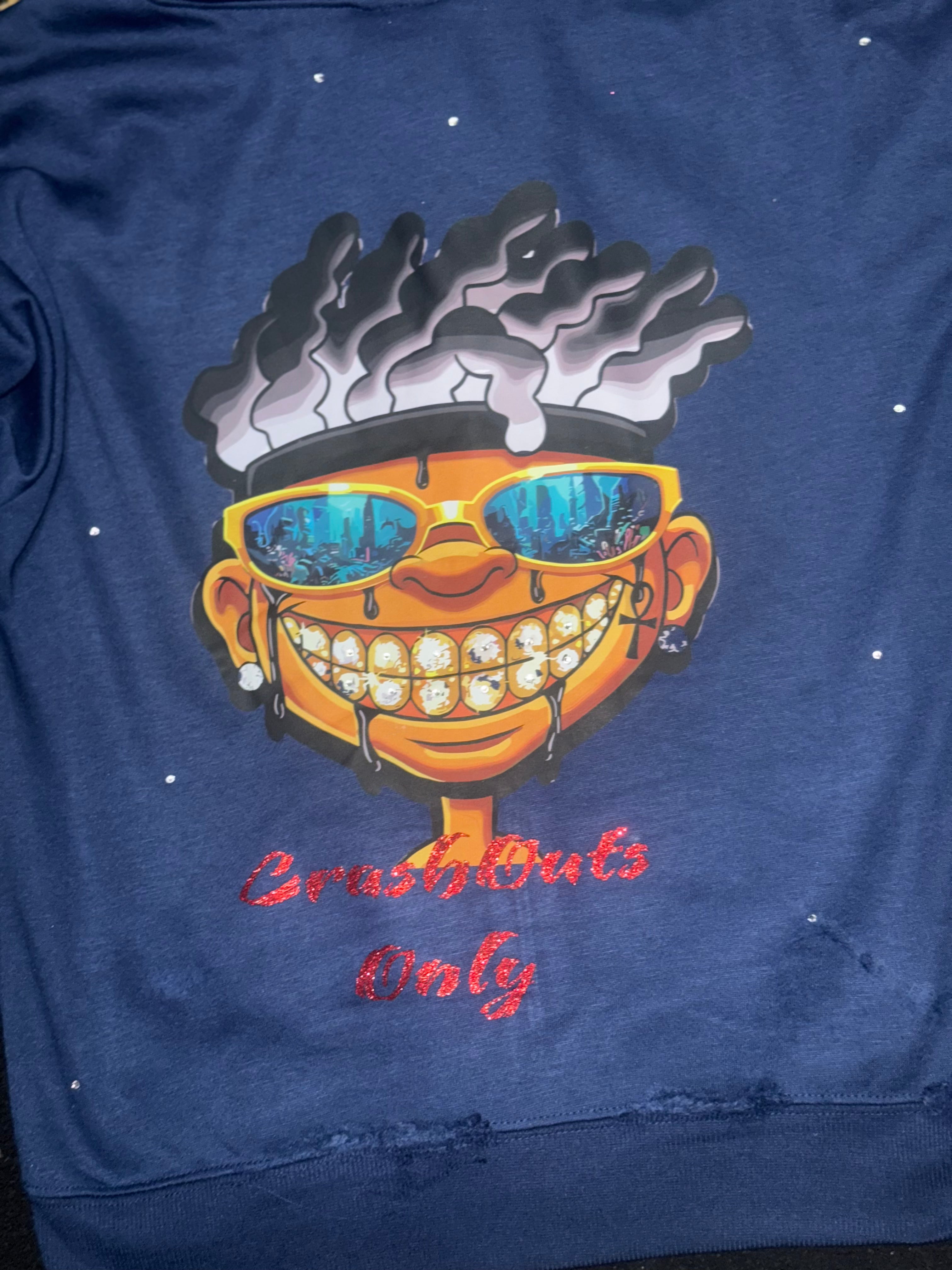 Kreme "CrashOuts Only" ZipUp Full Graphic Rhinestone Hoodie with “WavvyWeTrust” Design and Rhinestone Accents.