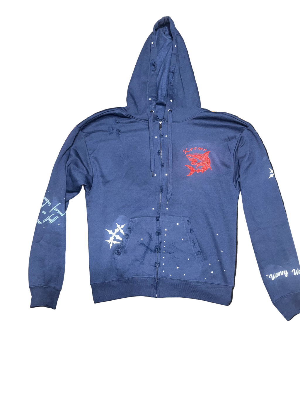 Kreme "CrashOuts Only" ZipUp Full Graphic Rhinestone Hoodie with “WavvyWeTrust” Design and Rhinestone Accents.