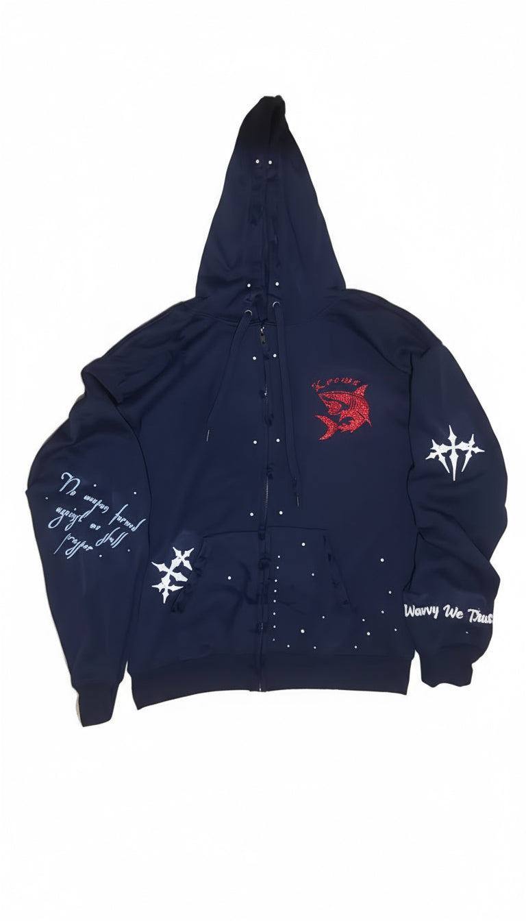 Kreme "CrashOuts Only" ZipUp Full Graphic Rhinestone Hoodie with “WavvyWeTrust” Design and Rhinestone Accents.